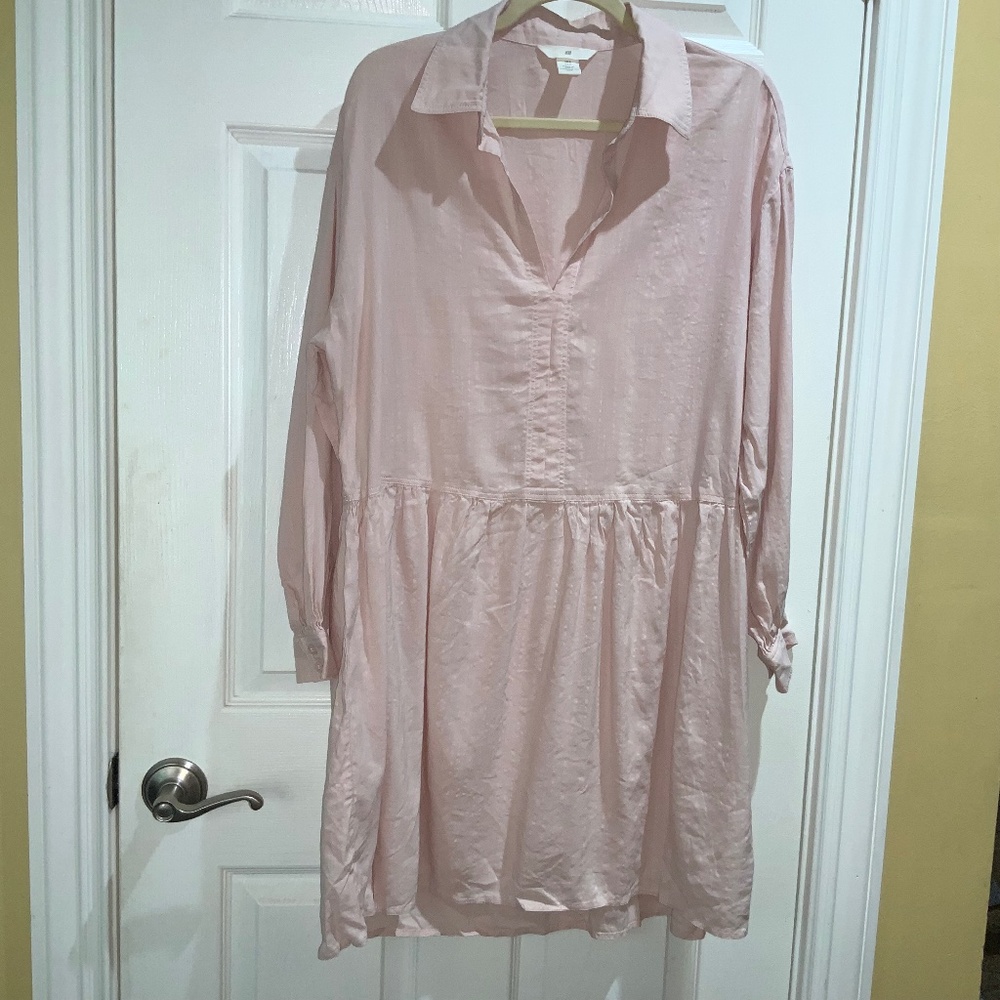 H&M peach cotton blend split neck shirt dress Sz S long sleeve button cuff